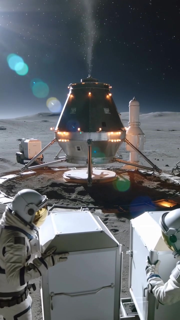 Vertical video: Entering two crew in white suits handling crate near lunar lander, securing cargo
