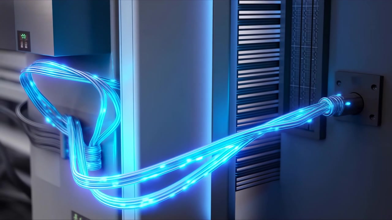 Bright blue points of light stream along bundled cables beside dark server racks, tracing curved loops and converging toward a connected port within a cool metallic technology interior.