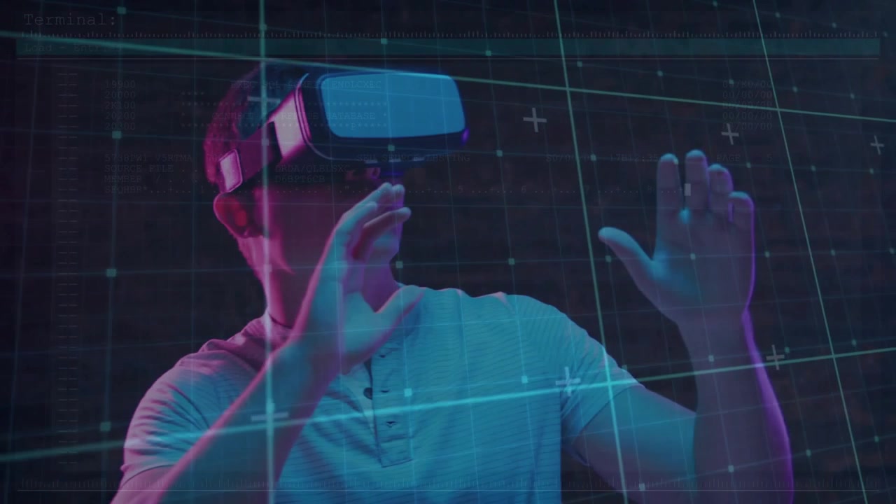 Man wearing VR headset scanning grid and raising hands selecting controls for technology demo