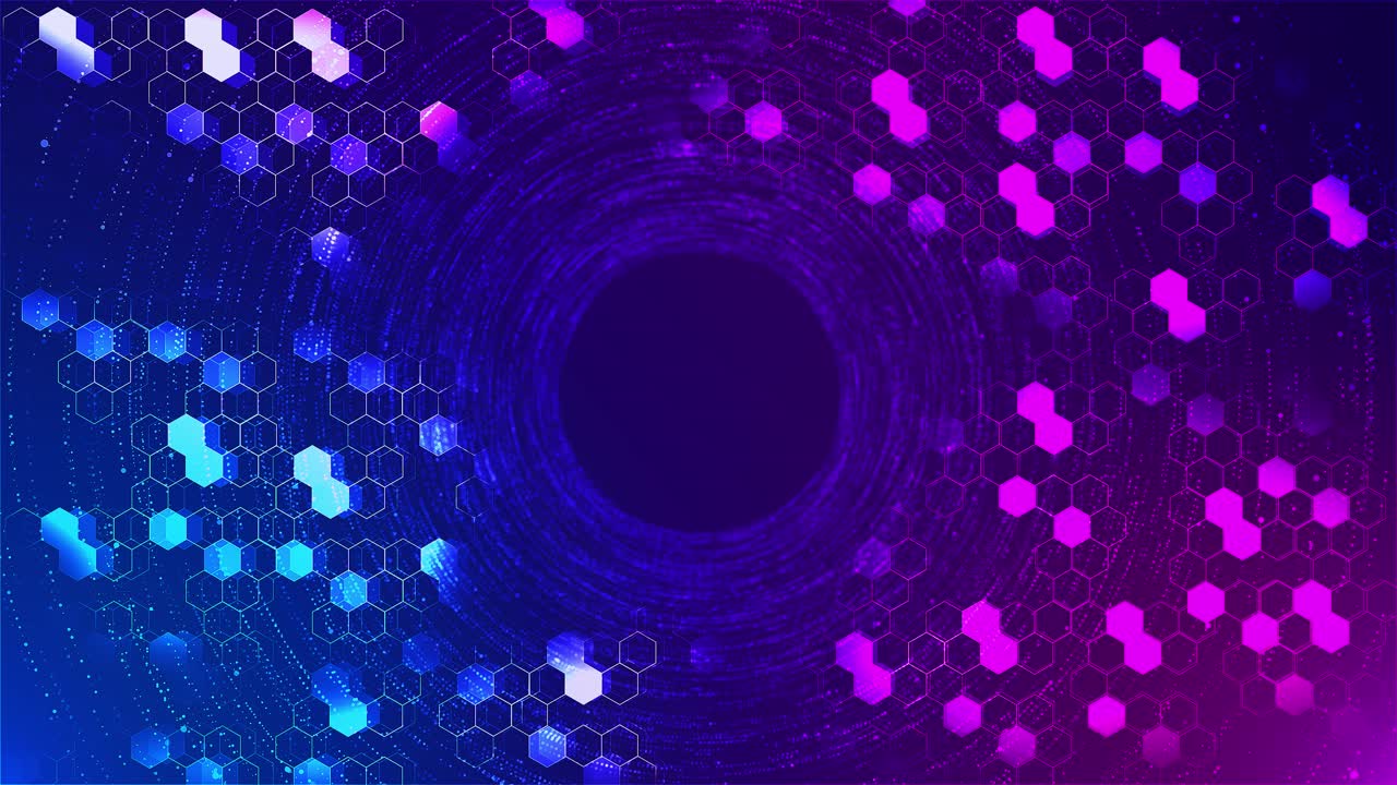 Dynamic animation glowing hexagonal grid pattern blue and purple for modern technology visuals