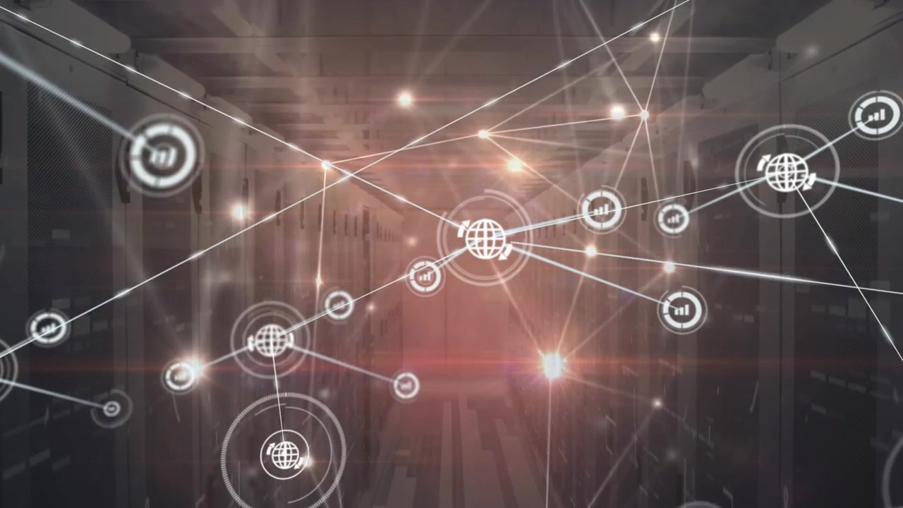Central globe node pulsing, spawning web of chart nodes over server racks, mapping data flow