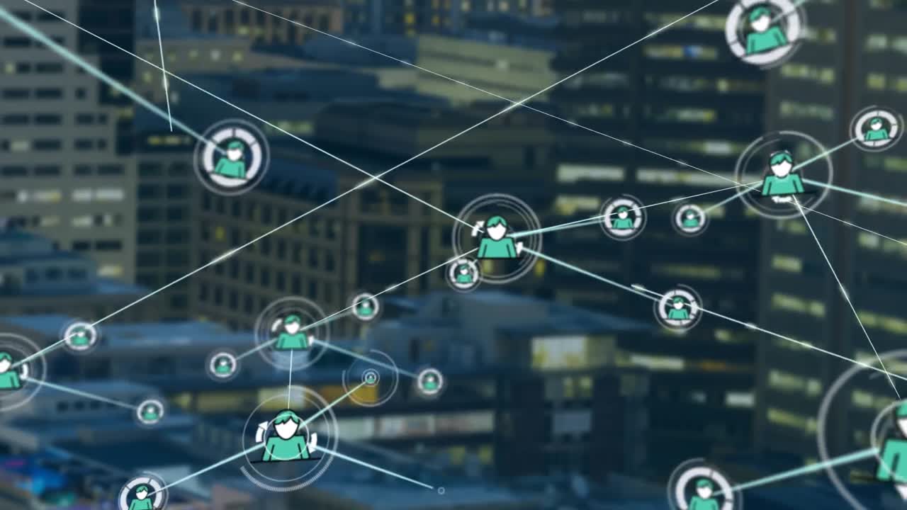 Animation of network of profile icons against aerial view of tall buildings