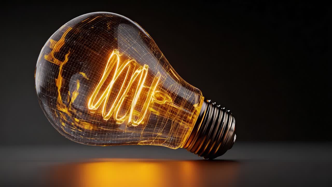 Un’accattivante rappresentazione visiva di una lampadina luminosa in stile vintage che mostra intricati filamenti all'interno di un delicato vetro, irradiando una calda tonalità ambrata su uno sfondo minimalista scuro, a simboleggiare innovazione e creatività