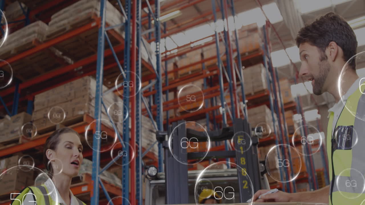 Warehouse workers discussing logistics with 5G and 6G technology animation overlay