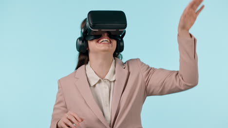 feliz, realidad virtual y manos de mujer de negocios