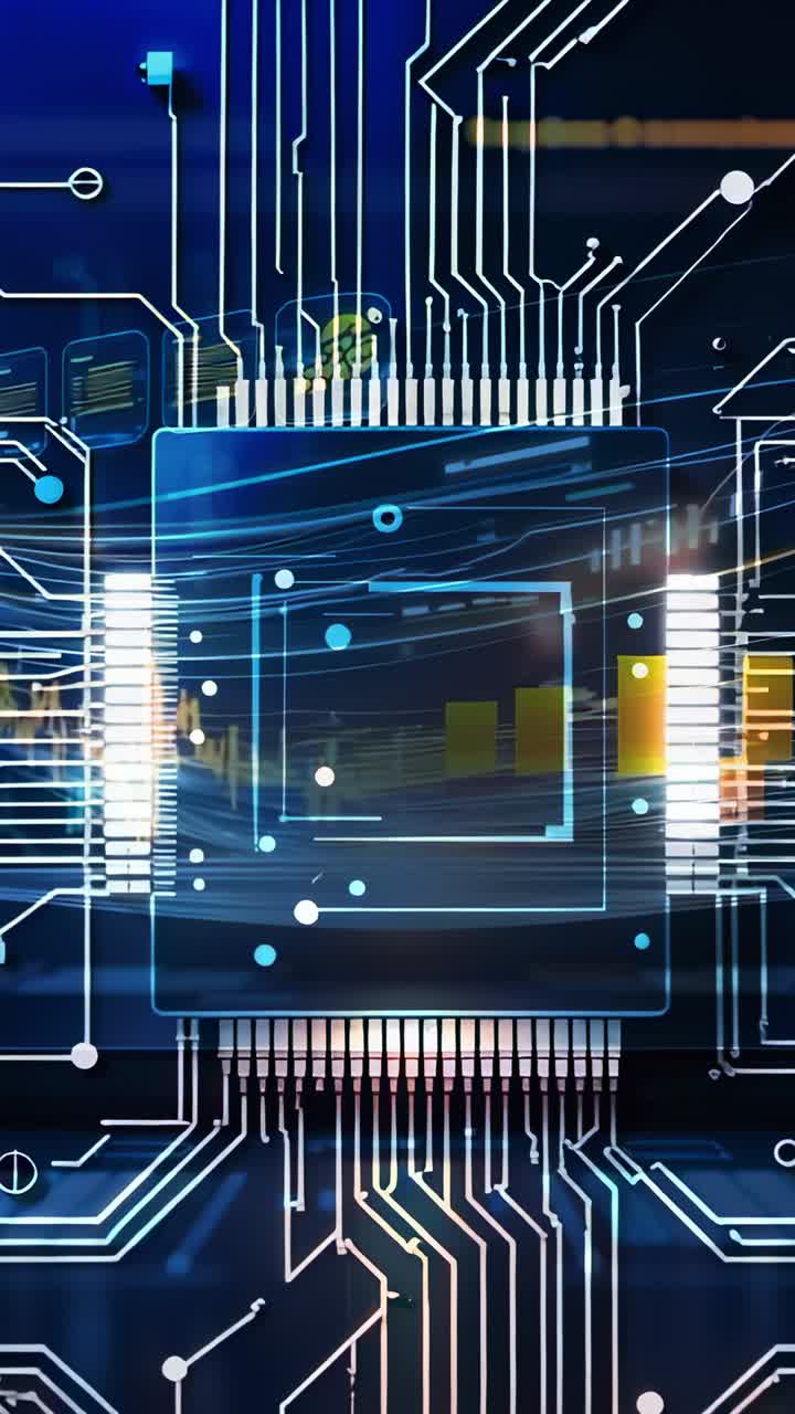 Vertical video: Receiving power pulse, processor chip activating in circuit board with data nodes