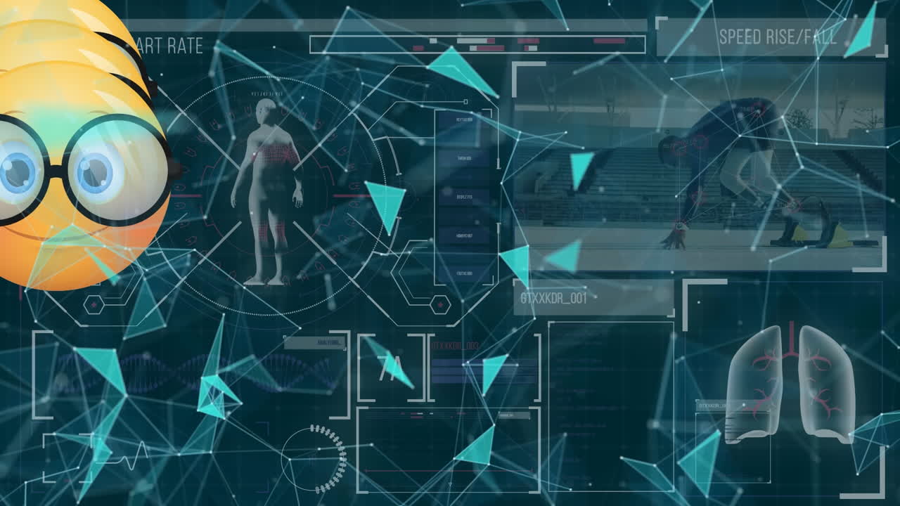 animación de emoticones, modelo humano giratorio y diversos datos en la pantalla