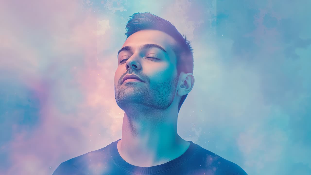 Sequence causing camera zooming in on man breathing in dark tee in pastel studio, capturing mood