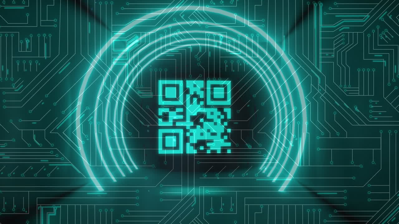 escáner de código qr con elementos de neón contra las conexiones de microprocesador