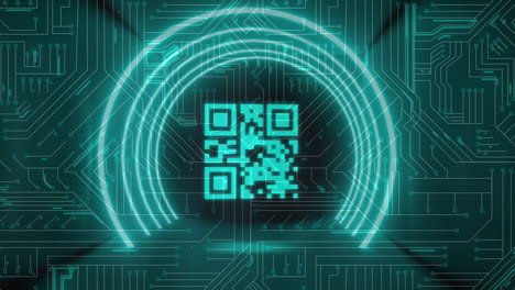 qr code scanner with neon elements against microprocessor connections