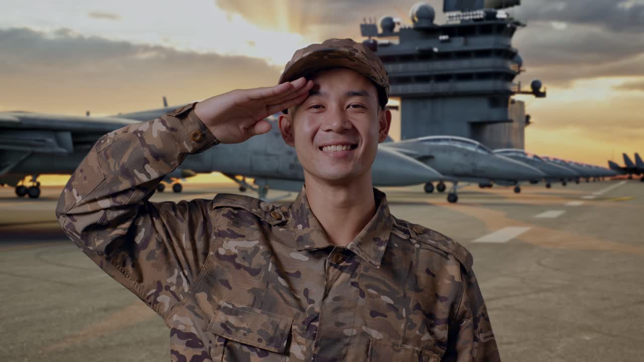 Military Personnel Saluting on Aircraft Carrier Deck at Sunset