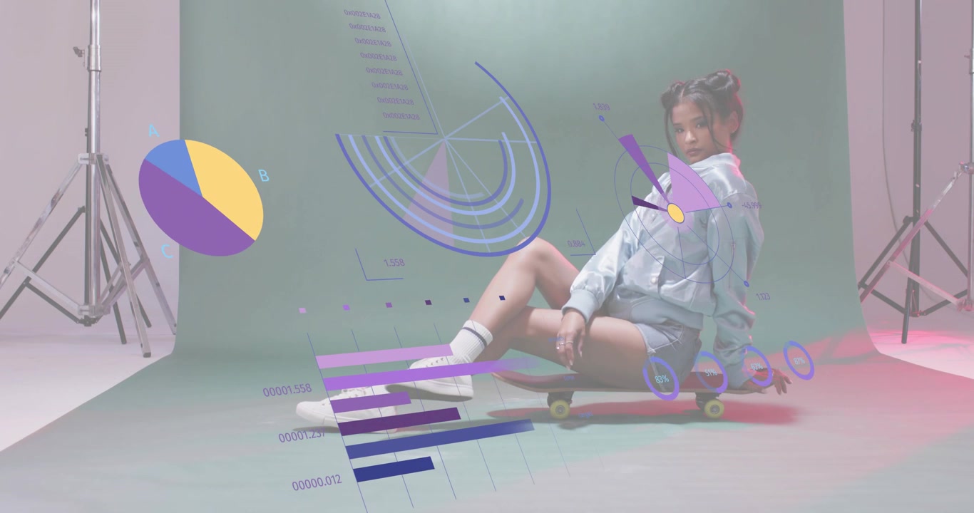 Female model rotating torso on red skateboard in studio activating data charts orbiting tech demo