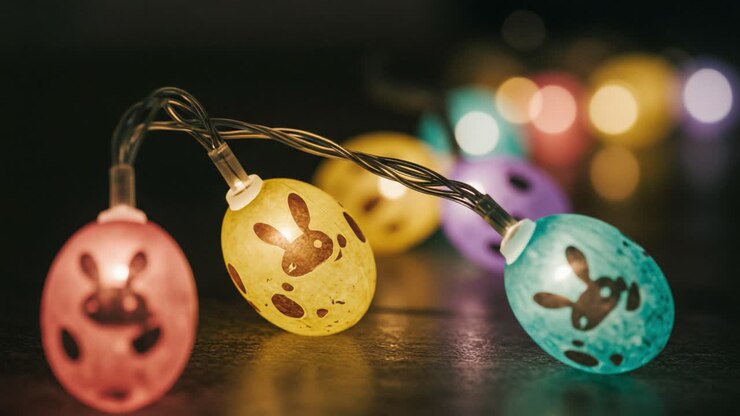 A Festive Display of Colorful Easter Egg String Lights Illuminating a Dark Surface with Playful Bunny Designs in a Warm and Cheerful Ambiance