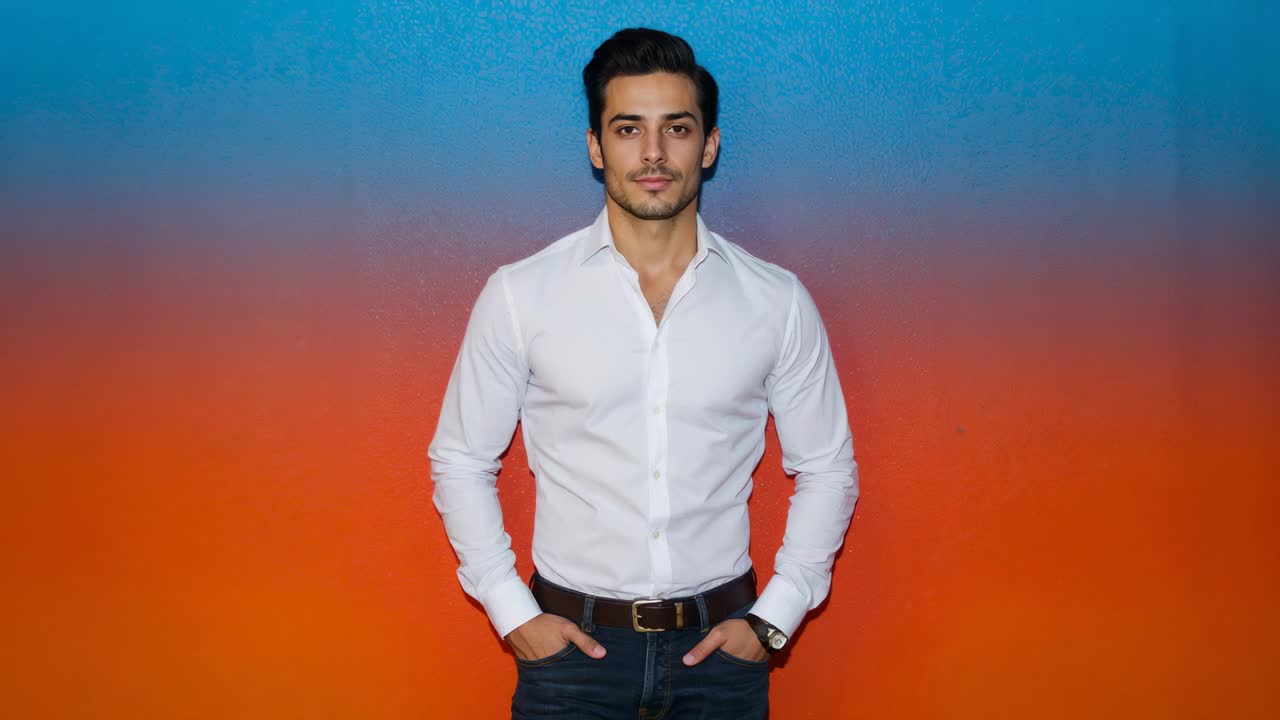 Camera starting, standing man holding pose for portrait with gradient backdrop, wearing white shirt