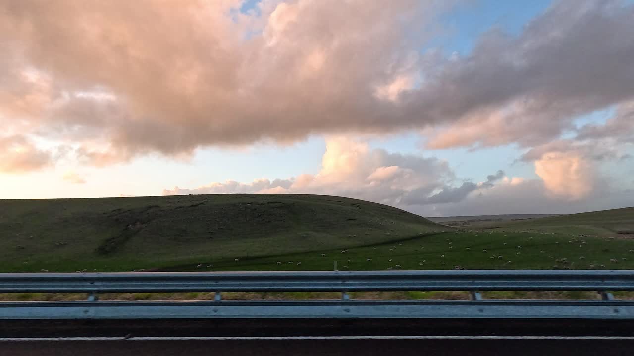 다채로운 하늘 아래 언덕에서 양들이 먹이를 먹고 있습니다.