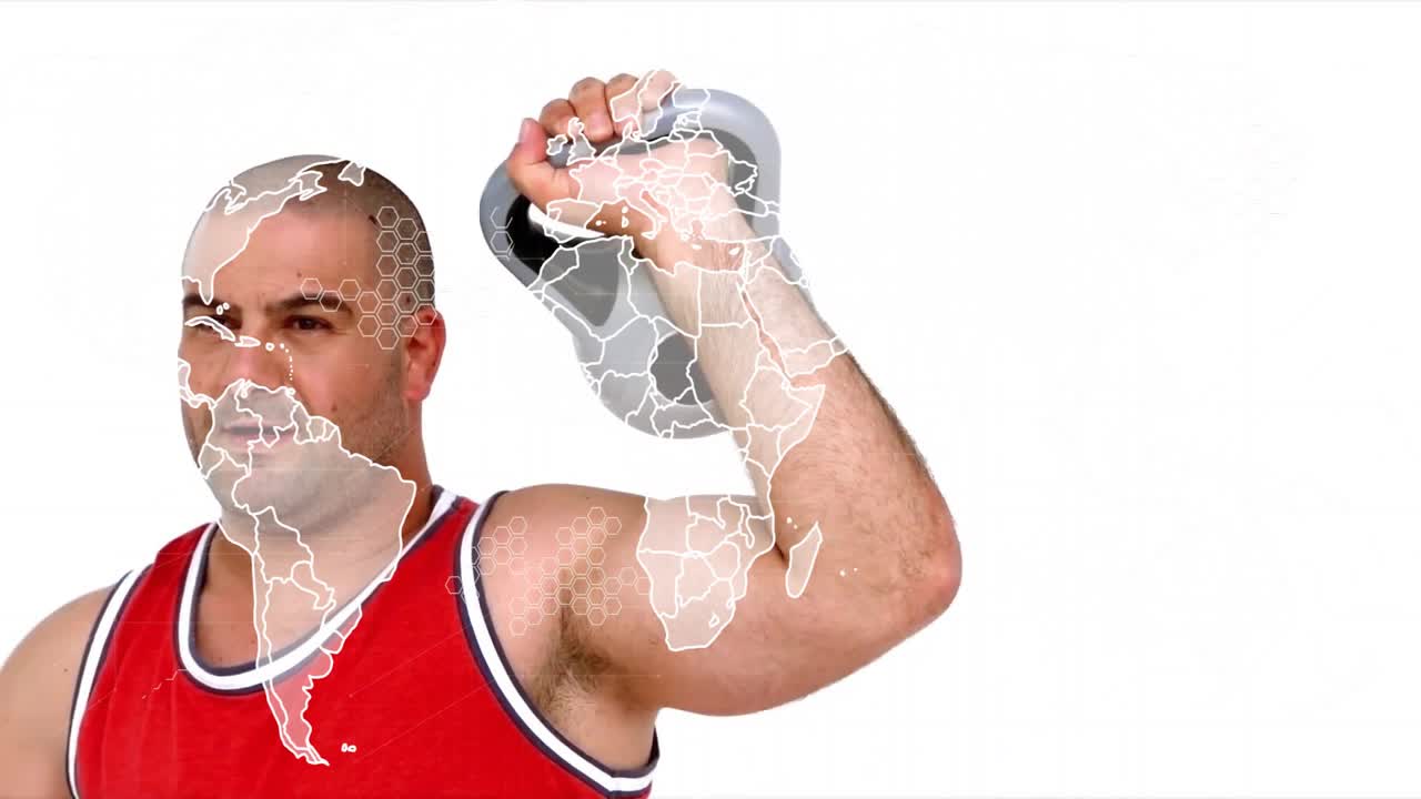 Fitness instructor gripping kettlebell and pressing for shoulder work with world map shifting