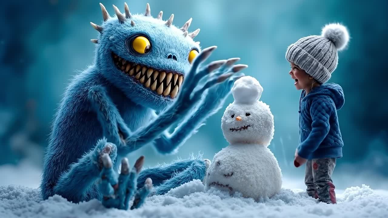 En liten pojke som står bredvid en snögubbe i snön