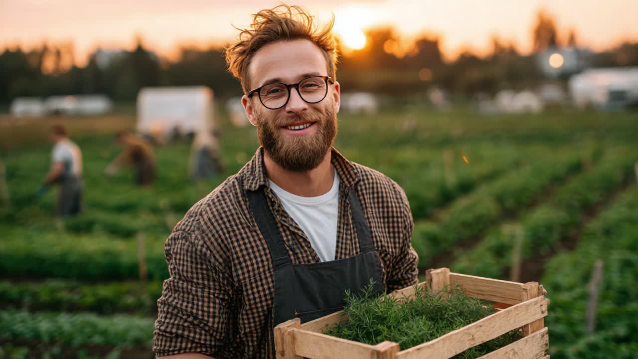 A Smiling Farmer Holding Freshly Harvested Greens in a Vibrant Field at Sunset, Showcasing the Joy of Agriculture and Sustainable Farming Practices