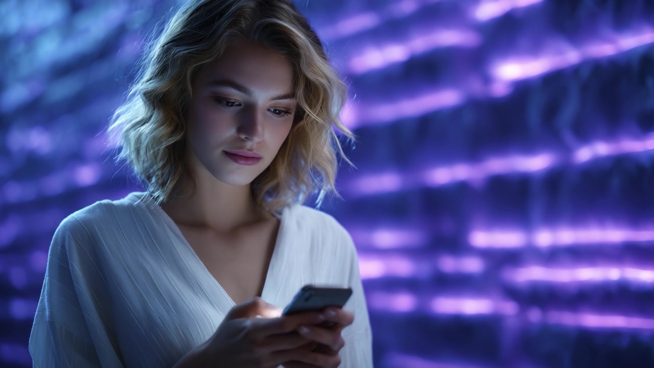 Una giovane donna usa il suo smartphone in un ambiente scarsamente illuminato con vivaci luci viola, mostrando un momento di concentrazione e coinvolgimento con la tecnologia digitale.