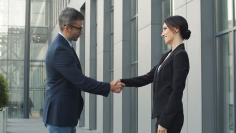 businessman and businesswoman shaking hands while they meet in the street