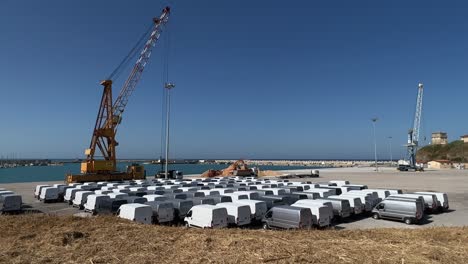 Grupo-De-Furgonetas-Nuevas-Listas-Para-Ser-Cargadas-En-El-Muelle-Del-Puerto-De-Punta-Penna-En-La-Industria-Automotriz-De-Italia