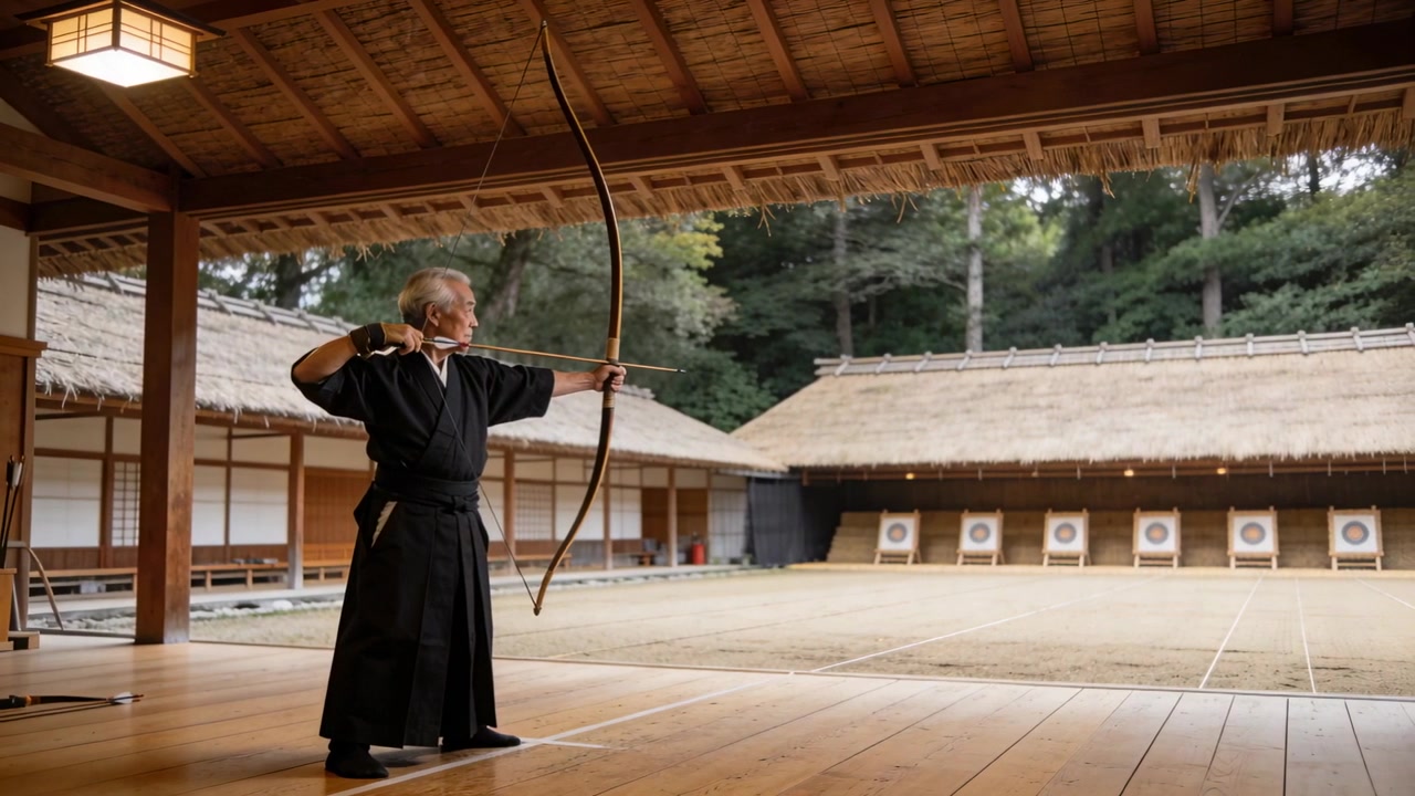 Lučištník v černé hakama nasazuje šíp, napíná luk yumi a míří na pět terčů na střelnici, s volným místem pro text.