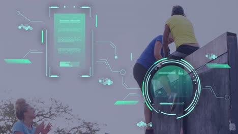 animación del procesamiento de datos sobre mujeres diversas en una pared de salto de carrera de obstáculos