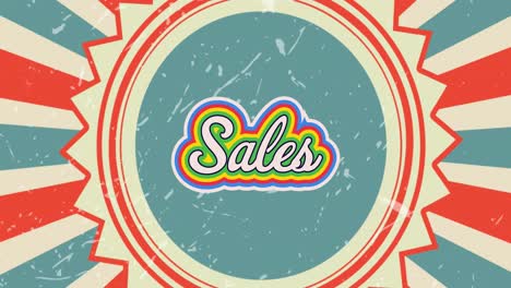 Animation-of-sales-text-in-rainbow-outline-over-spinning-retro-blue-and-red-stripes-in-background