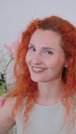 a cheerful woman with red hair and blue eyes smiles beside flowers a cheerful woman with red hair and blue eyes stands before a vibrant bouquet she smiles warmly radiating positivity and joy