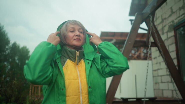 Middle-aged woman wearing yellow jacket under green raincoat adjusts hood while standing near swing bench, background features blurred greenery and building