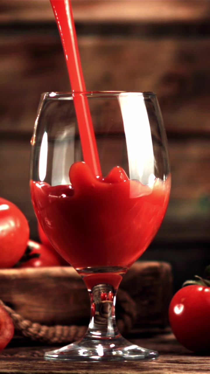 Despejando Suco de Tomate Fresco em um Copo em Câmera Lenta