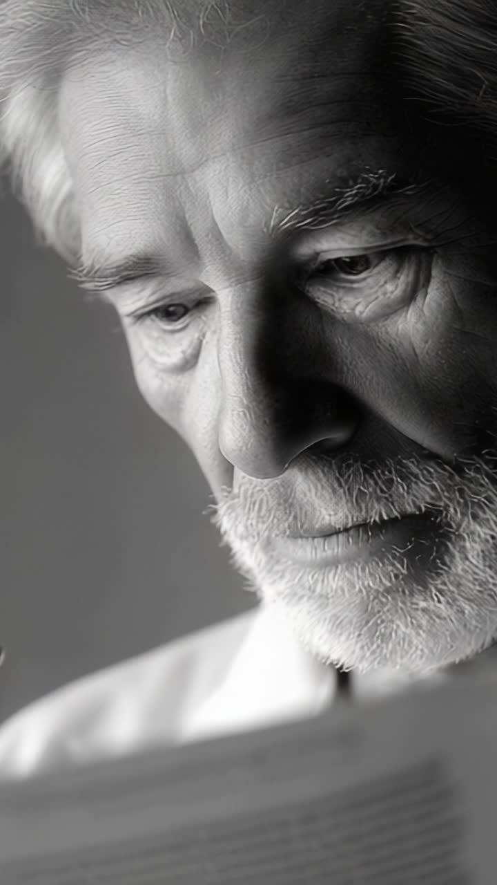 A Thoughtful Elderly Man Analyzing Text with Intense Focus and Wisdom, Captured in Two Powerful Black and White Frames, Evoking Reflection and Insight