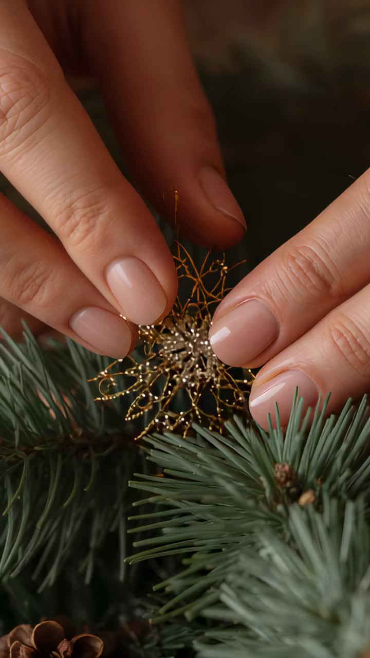 Vertical video: Reaching hands placing gold snowflake on fir branch at home near pinecone for decor