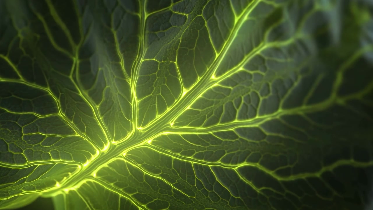 Vista cercana en ángulo bajo de una hoja verde grande con nervio central, venas ramificadas y tejido translúcido brillando bajo una intensa luz de fondo verde amarillo neón, mostrando una intensificación gradual de la luz
