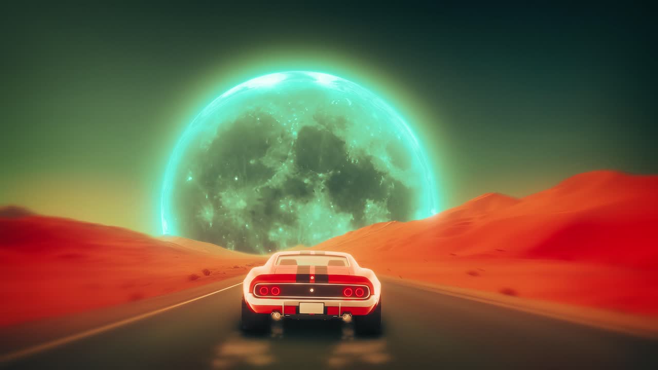 Un loop senza interruzioni di alta qualità di un'auto sportiva rossa che guida su un'autostrada nel deserto verso una gigantesca luna ciano brillante. Estetica synthwave anni '80 con colori vibranti e un'atmosfera futuristica nostalgica.