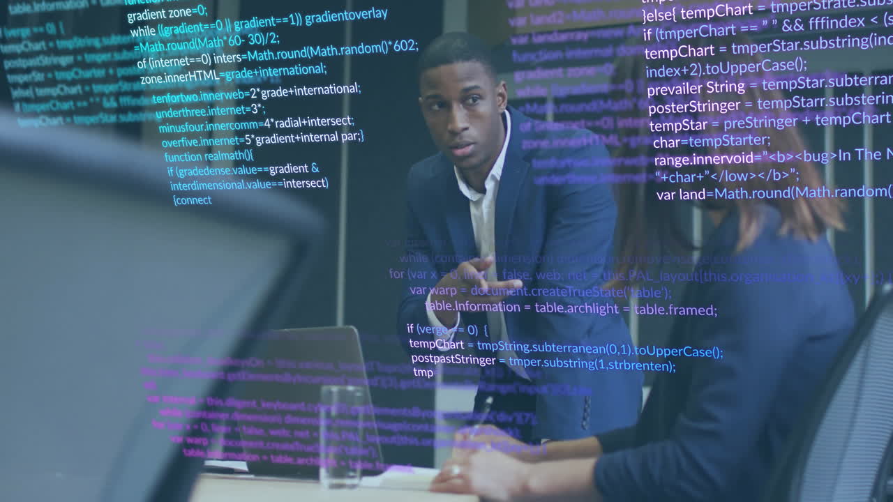 Animation of data processing over diverse colleagues discussing work in office