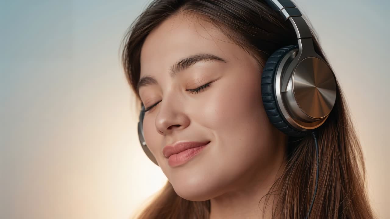 Una donna con le cuffie ascolta l'inizio della musica, inclinando la testa mentre una forma d'onda animata intorno al padiglione auricolare mostra la tecnologia.
