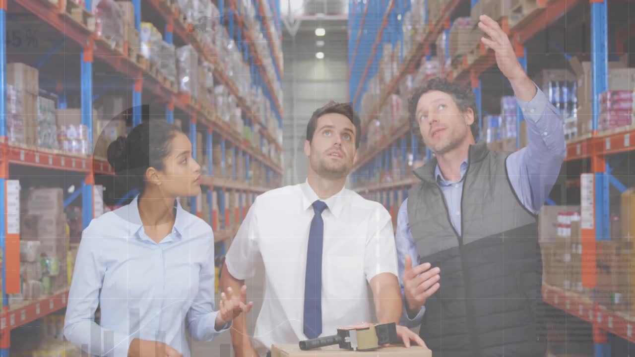 창고에서 일하는 사람들에 대한 데이터 처리의 애니메이션