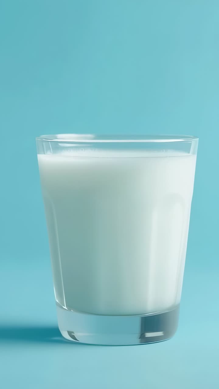 Vertical video: At 3 seconds, camera moving closer to glass of milk on table highlighting milk line