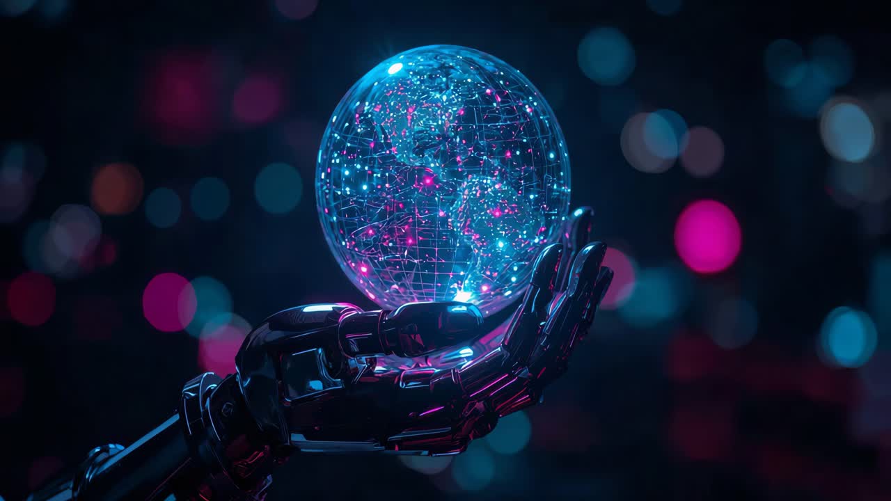 AI Robot Hand Holding Digital Globe