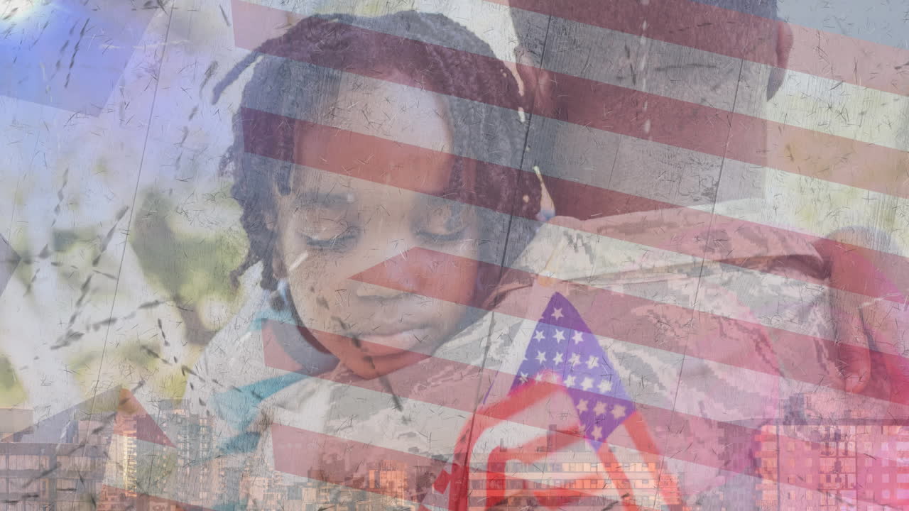 animación de un soldado con su hijo sobre la bandera estadounidense