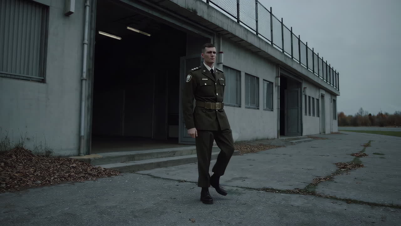 Soldier walking near a military building