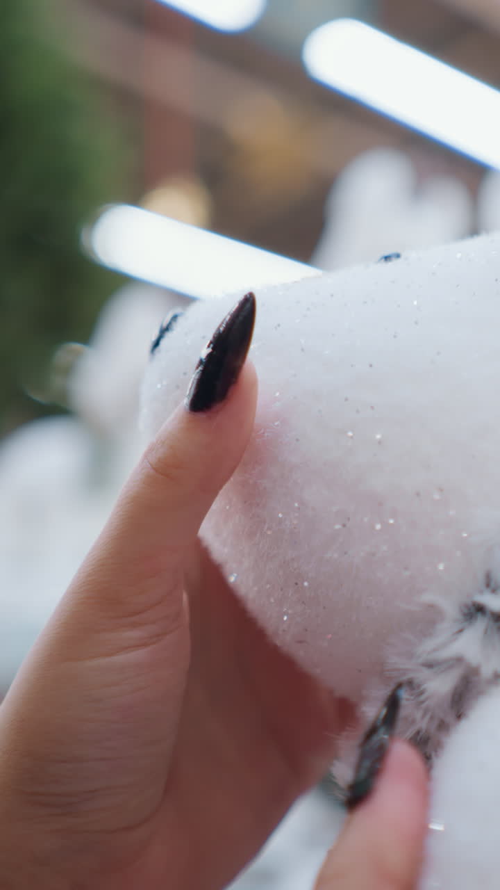 블랙 폴리시드 손을 가진 손의 클로즈업은 부드러운 질감으로 부드럽게 만지는 플러시 북극, 보케 조명과 상점 상품을 특징으로하는 흐릿한 배경은 축제 분위기를 만니다.