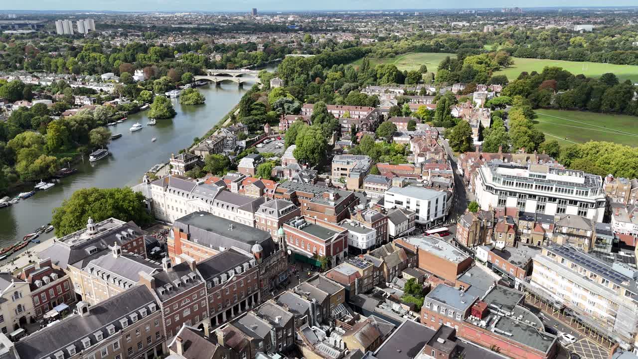 Richmond Town Centre London UK – Aerial Drone Streets, Shops view of Thames