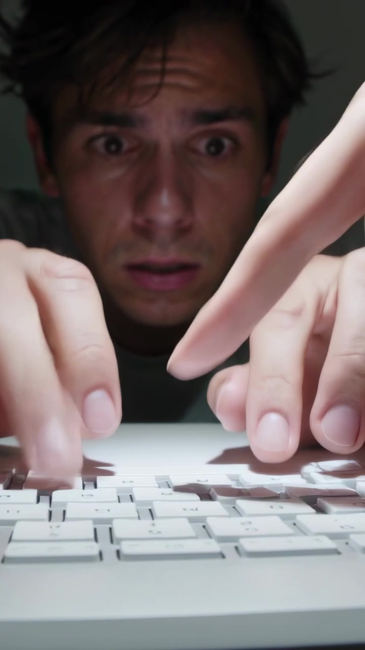 Vertical video: Typing man leaning over white keyboard at desk, wearing light T-shirt and working