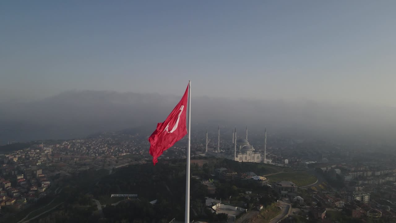 Turkish Flag in the Foggy Morning Drone Video, Uskudar Istanbul, Turkey