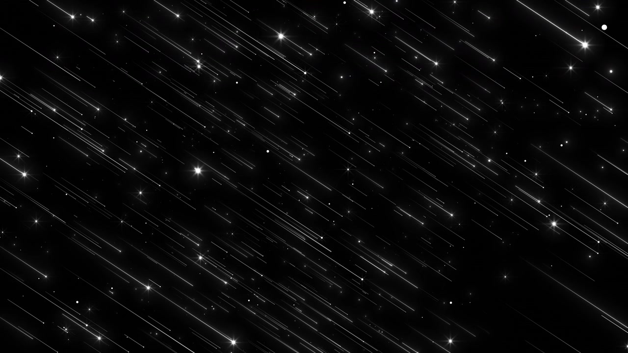 Fundo de rastro de estrela preto e branco, rastros de luz diagonais, pontos cintilantes e energia de movimento rápido.