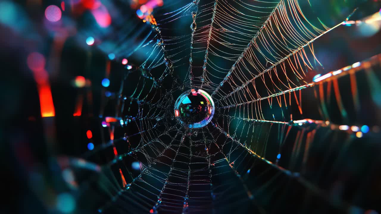 Colorful Spider Web with Water Droplet