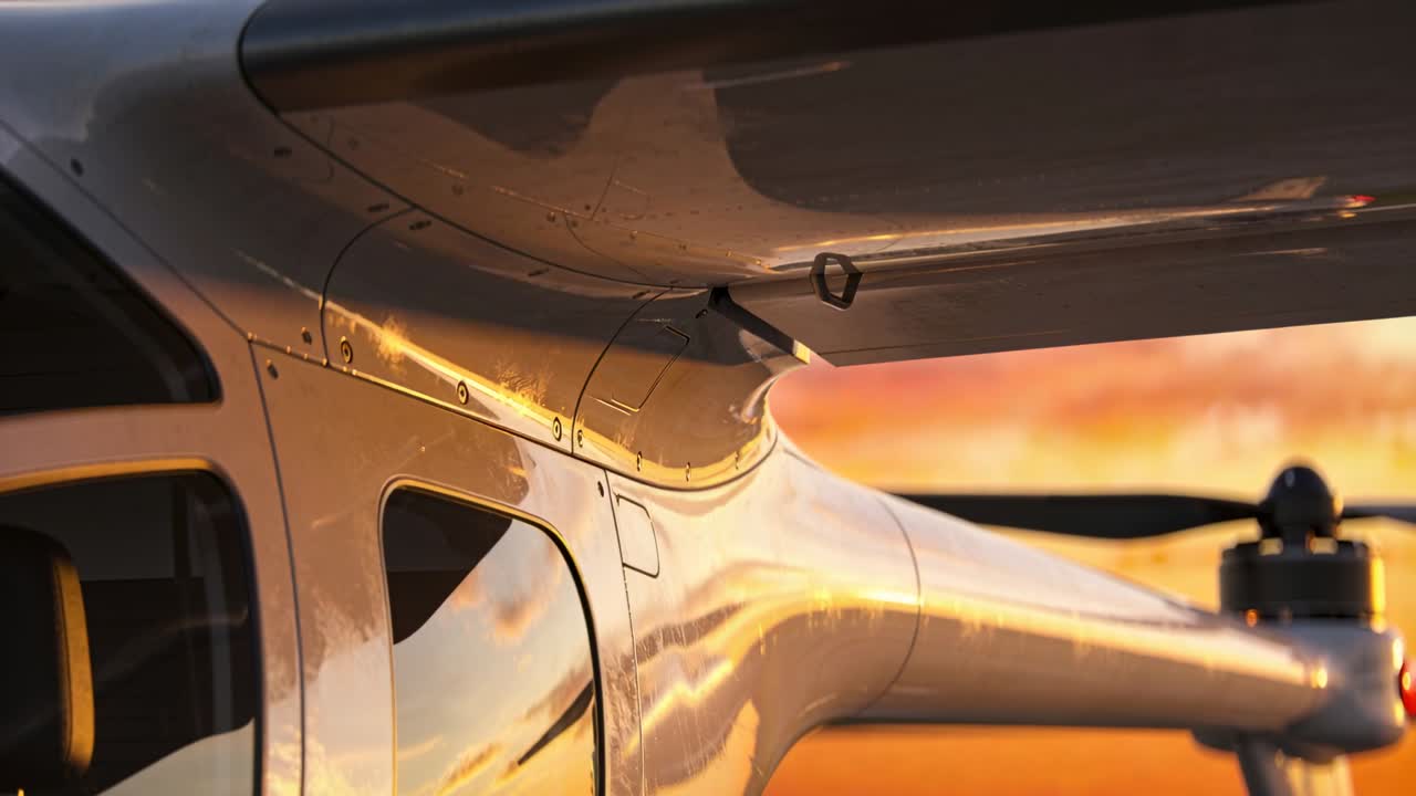 Primo piano aeronautico che mostra la radice lucida dell'ala che riflette il tramonto, mentre la telecamera si muove e i punti luce si spostano.