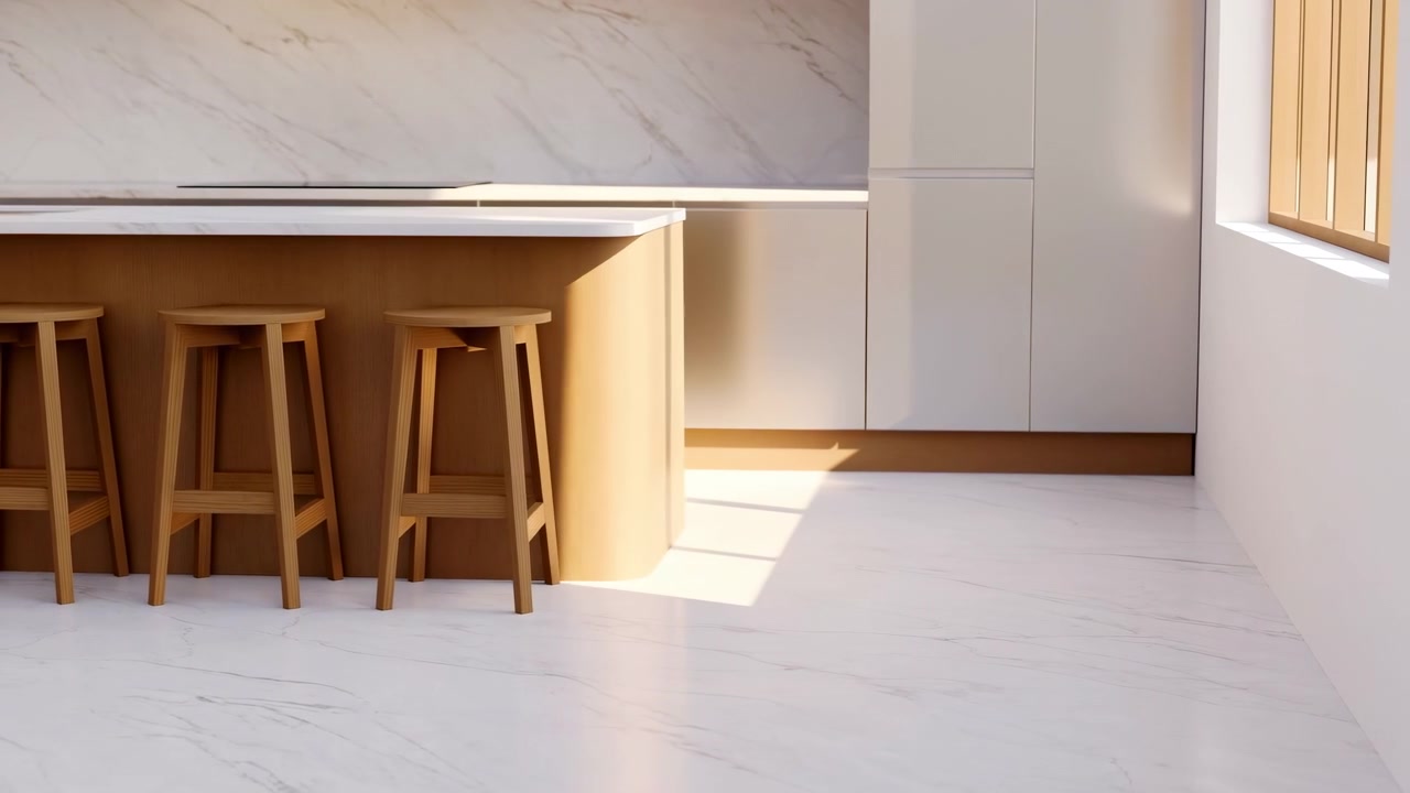 Lys moderne køkkenø med barstole, solbeskinnet minimalistisk interiør med marmorbagplade, hvid